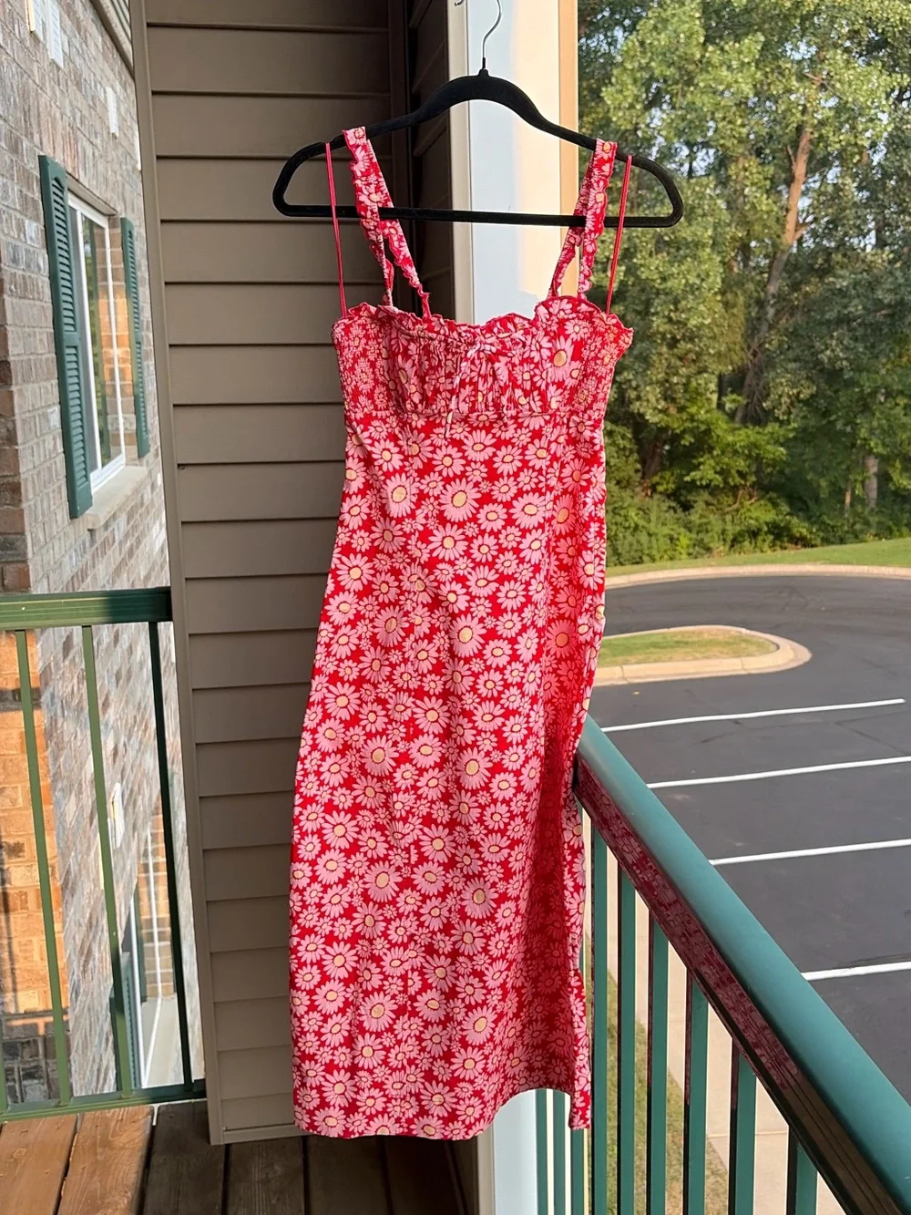 🆕🌺 Free People Tomato Daisy Floral Lace-Up Smocked Midi Dress Red S Casual Chic